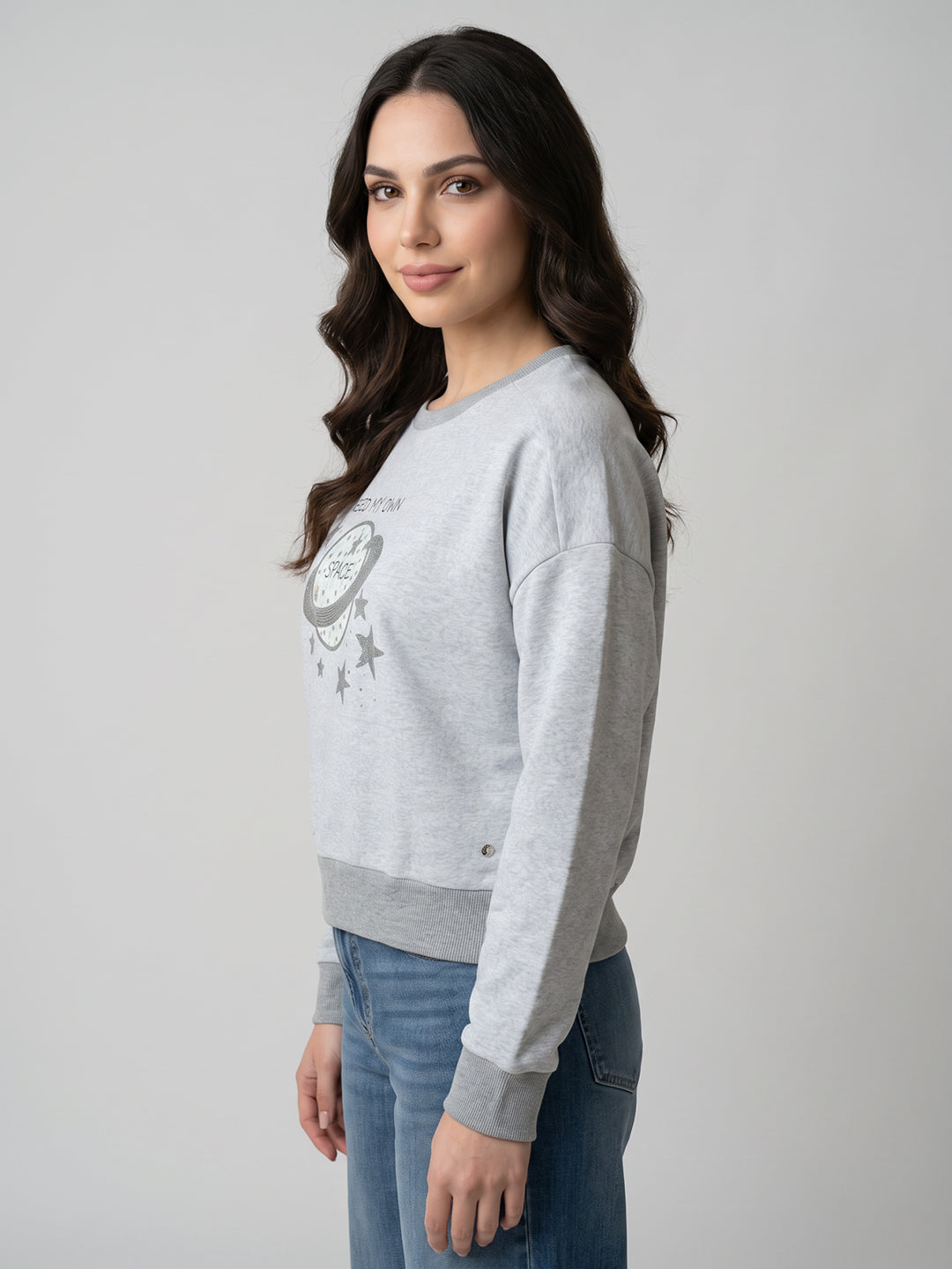 Women Grey Embroidered Round Neck Full Sleeve Sweatshirt