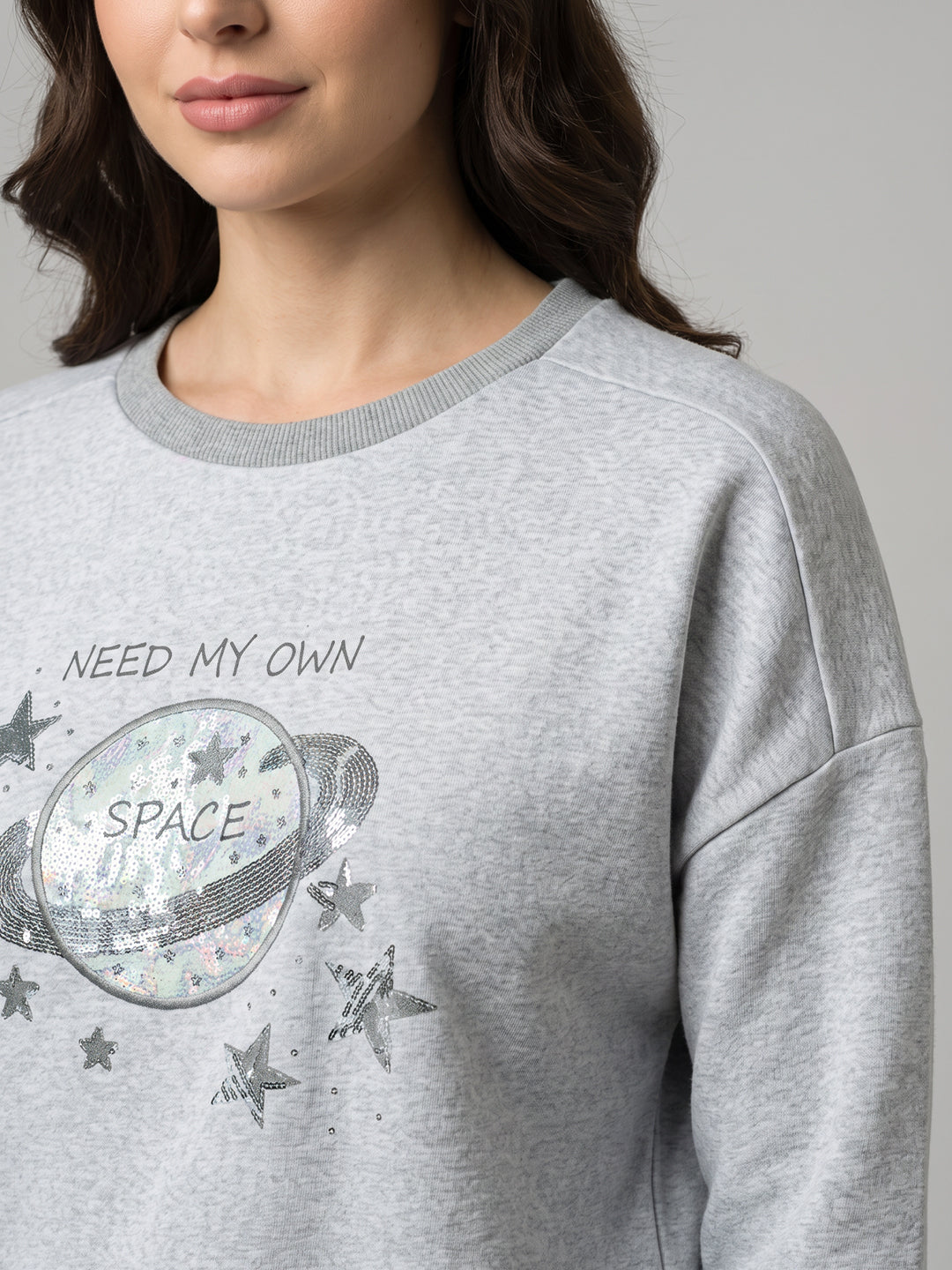 Women Grey Embroidered Round Neck Full Sleeve Sweatshirt
