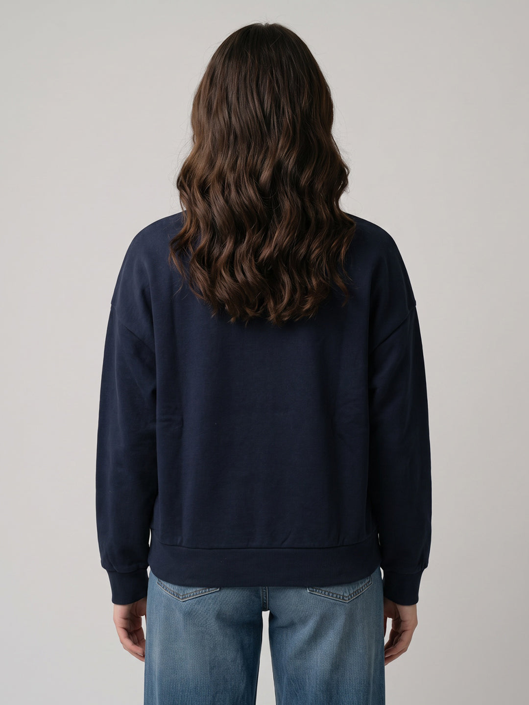 Women Navy Blue Embroidered Round Neck Full Sleeve Sweatshirt