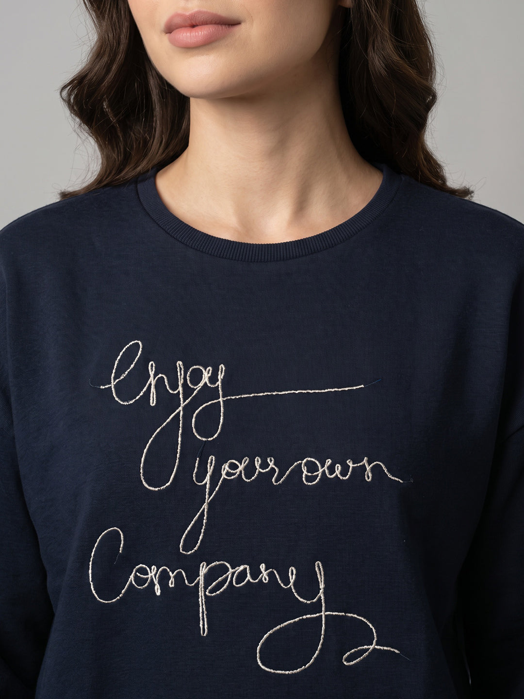 Women Navy Blue Embroidered Round Neck Full Sleeve Sweatshirt