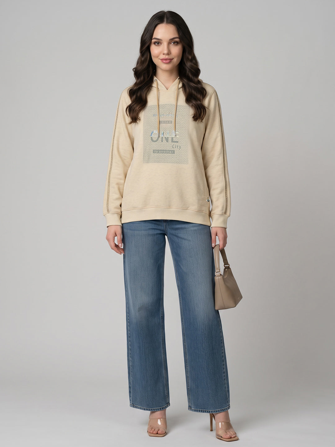 Women Beige Printed Hooded Full Sleeve Sweatshirt