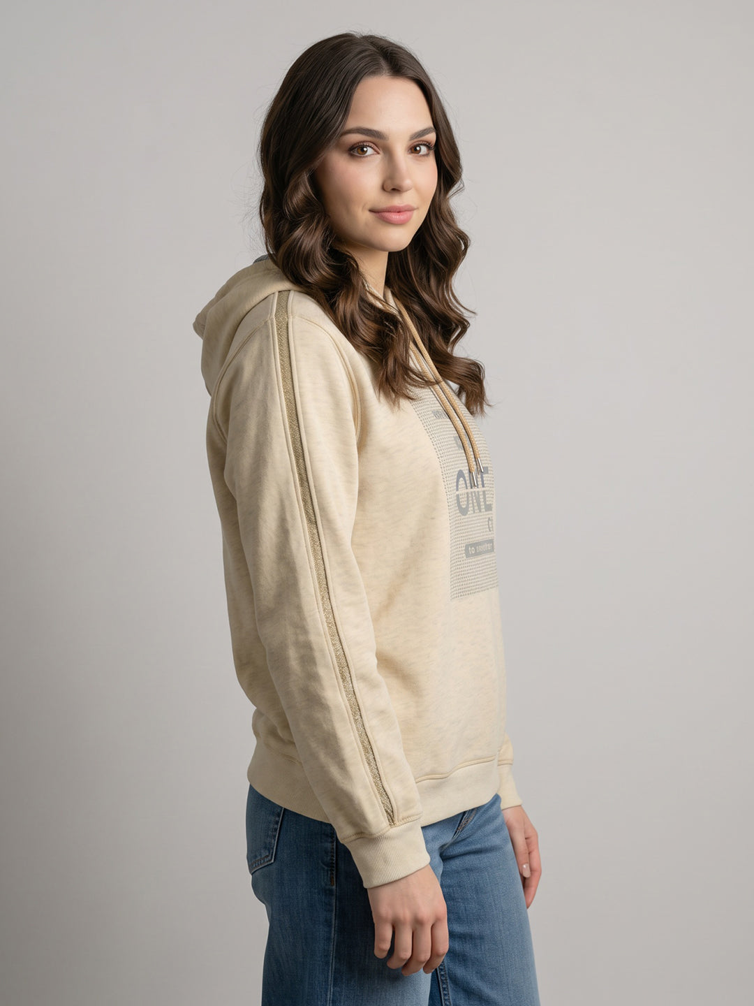 Women Beige Printed Hooded Full Sleeve Sweatshirt