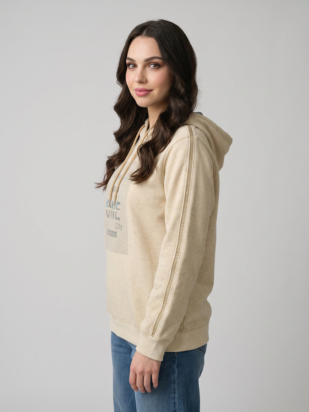 Women Beige Printed Hooded Full Sleeve Sweatshirt
