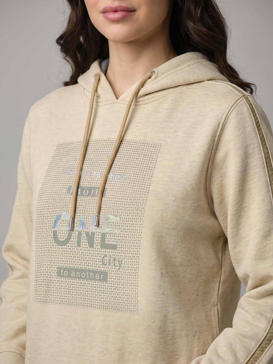Women Beige Printed Hooded Full Sleeve Sweatshirt
