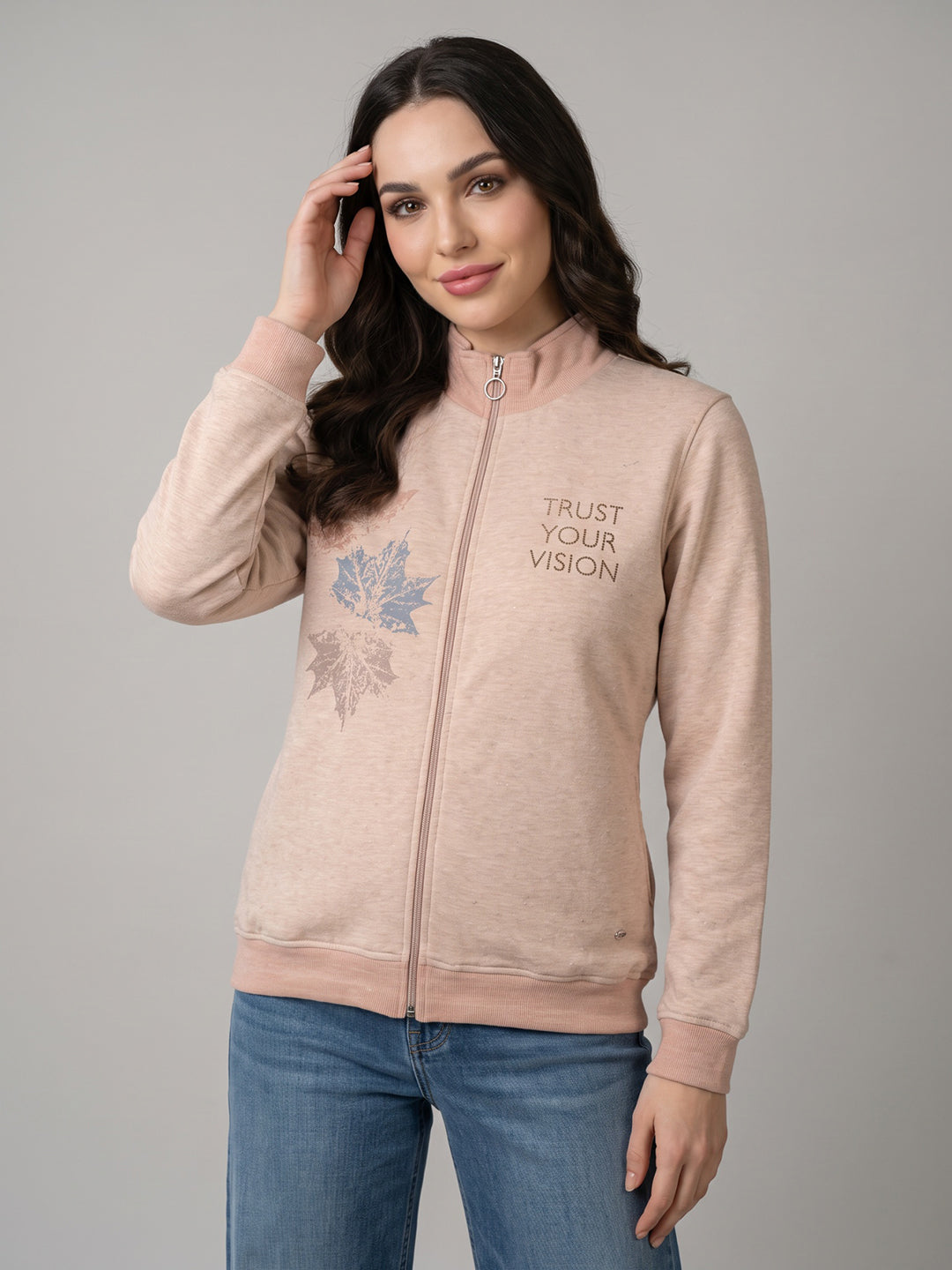 Women Peach Printed Turtle Neck Full Sleeve Sweatshirt