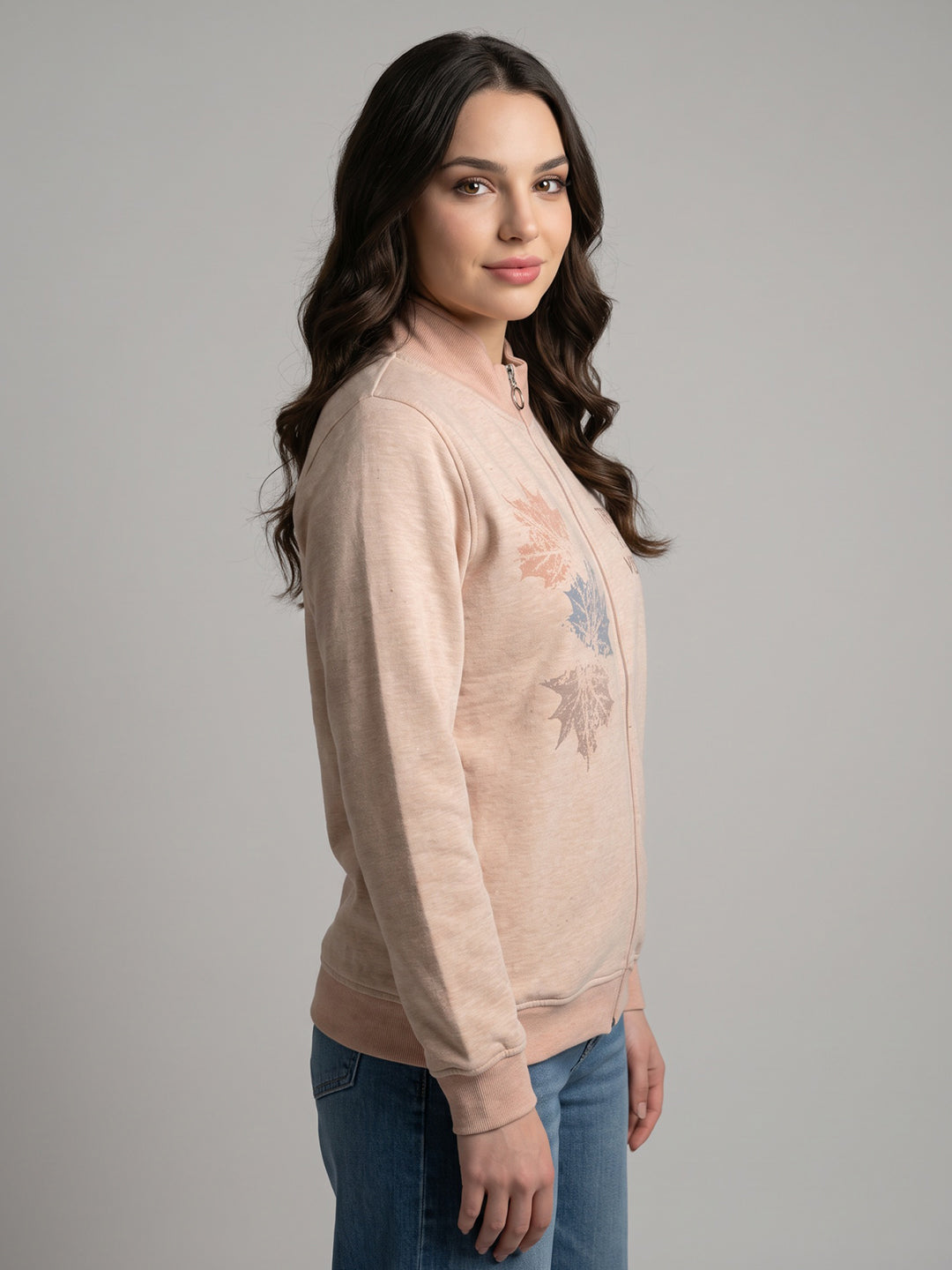 Women Peach Printed Turtle Neck Full Sleeve Sweatshirt