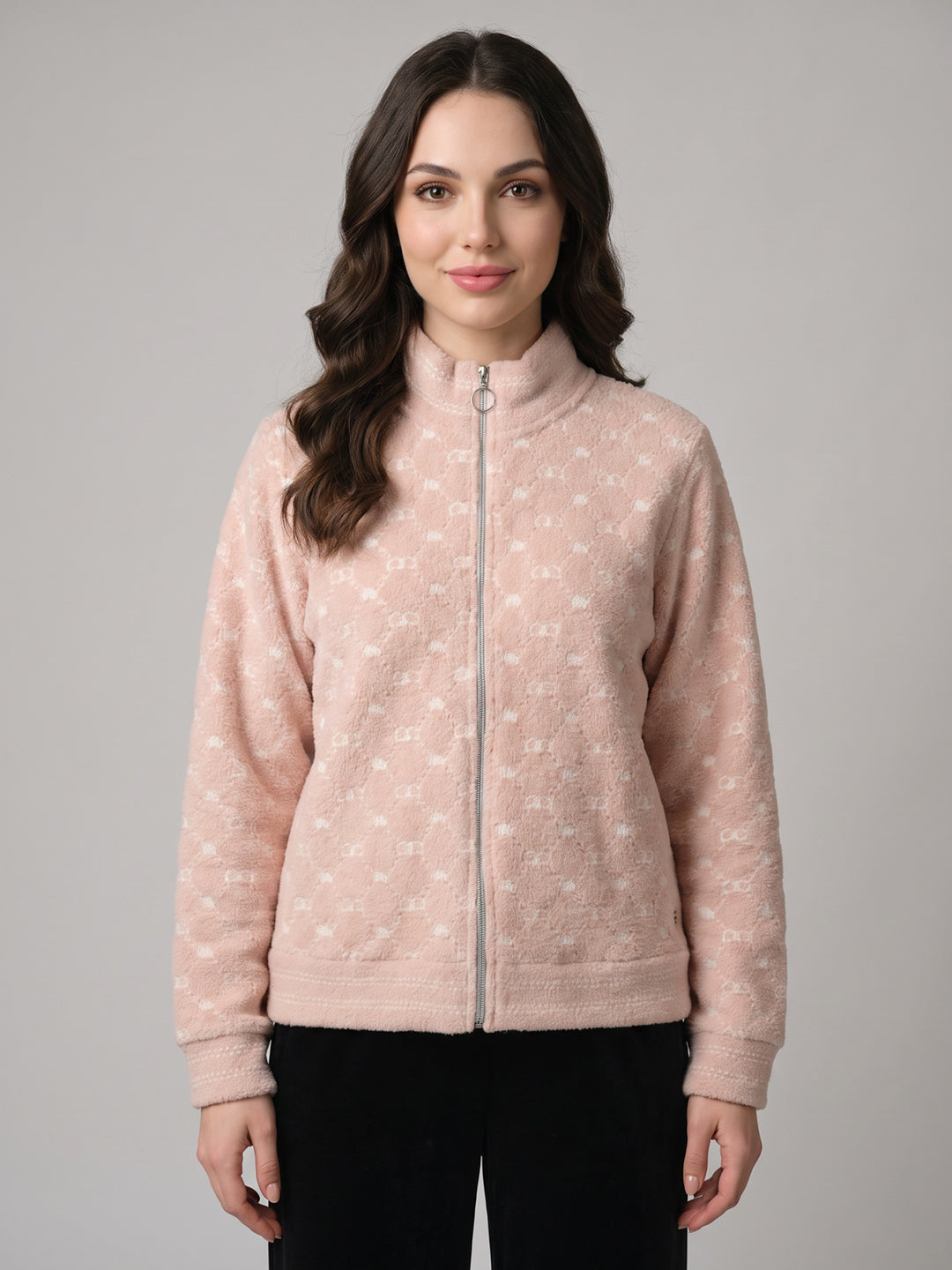 Women Pink & Off White Jacquard High Neck Full Sleeve Sweatshirt