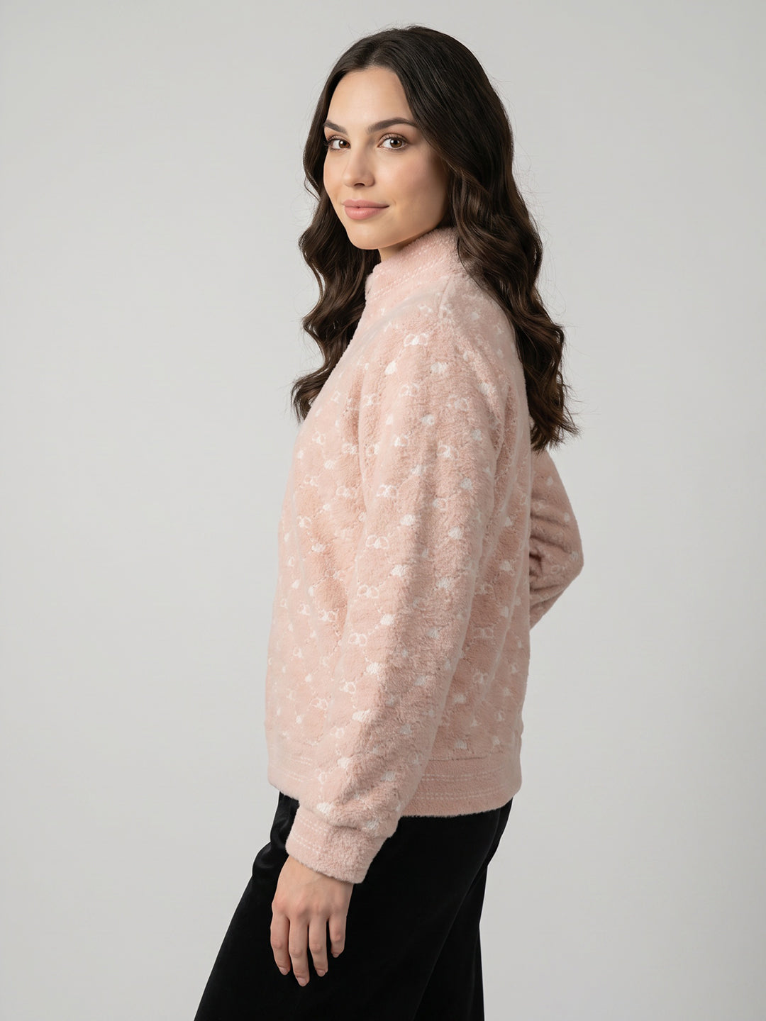 Women Pink & Off White Jacquard High Neck Full Sleeve Sweatshirt