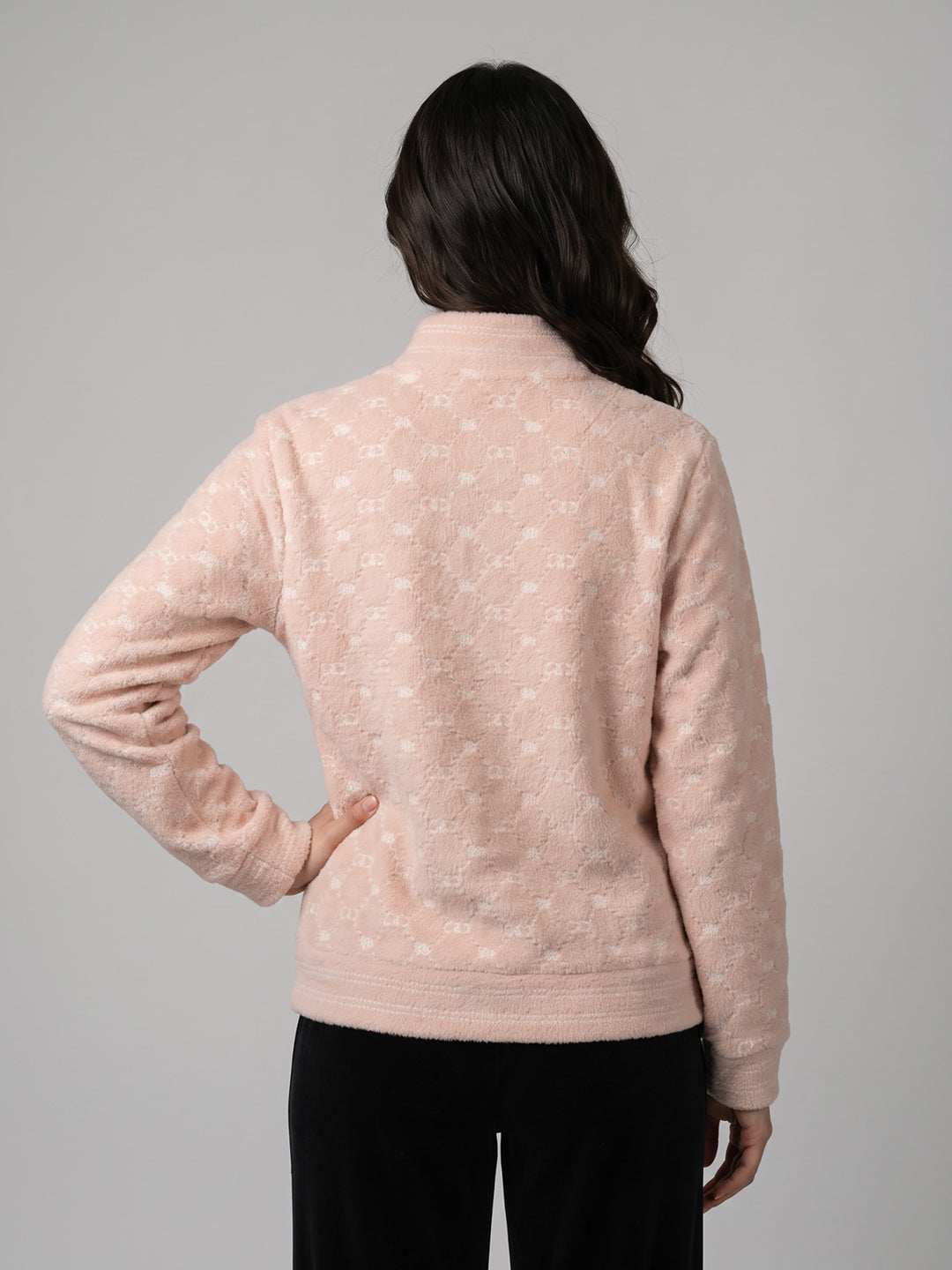 Women Pink & Off White Jacquard High Neck Full Sleeve Sweatshirt