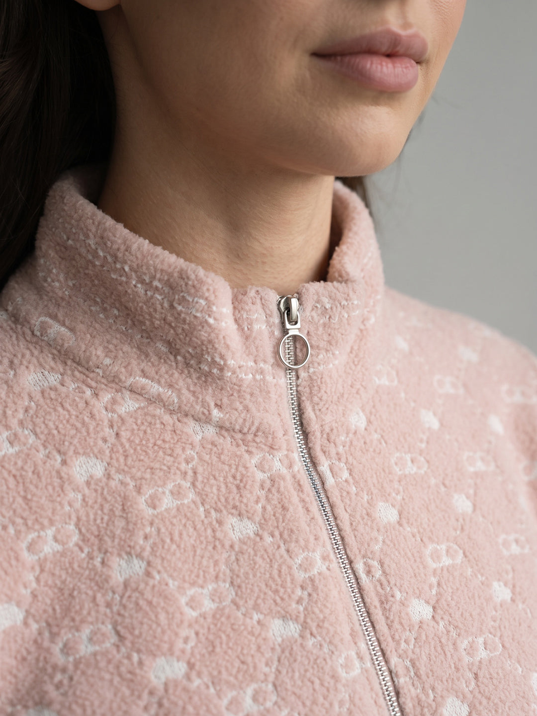 Women Pink & Off White Jacquard High Neck Full Sleeve Sweatshirt