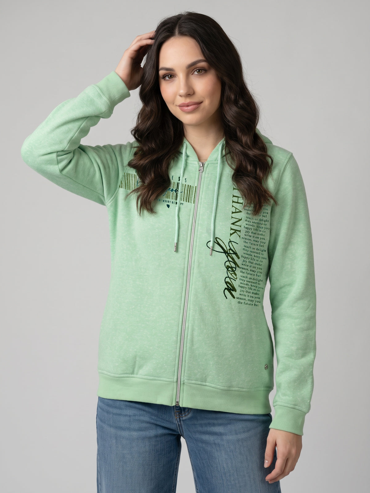 Women Green Printed Hooded Full Sleeve Sweatshirt