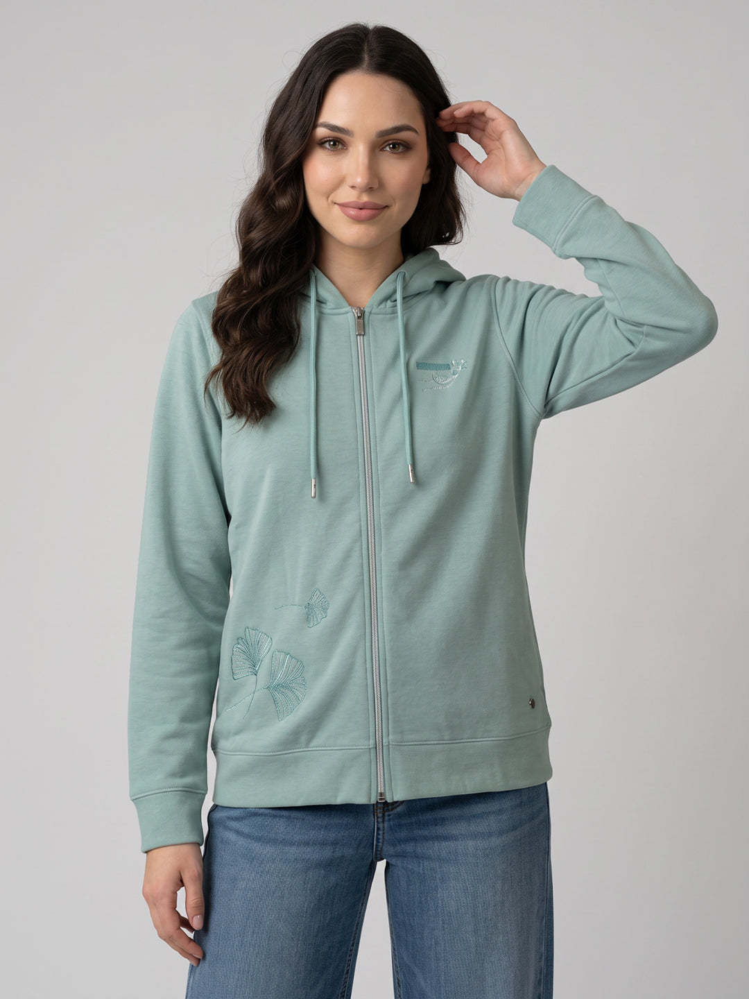 Women Blue Printed Hooded Full Sleeve Sweatshirt