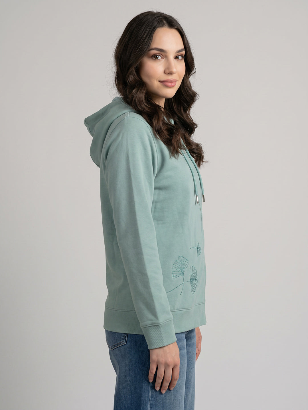 Women Blue Printed Hooded Full Sleeve Sweatshirt