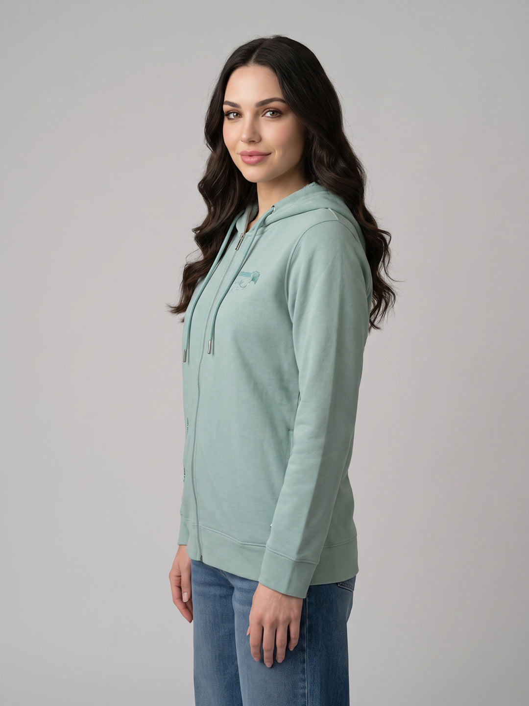 Women Blue Printed Hooded Full Sleeve Sweatshirt