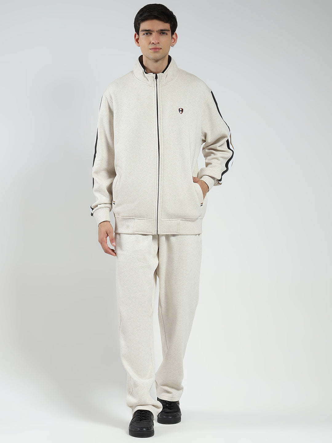 Men Beige Solid Mock Neck Full Sleeve Winter Tracksuit