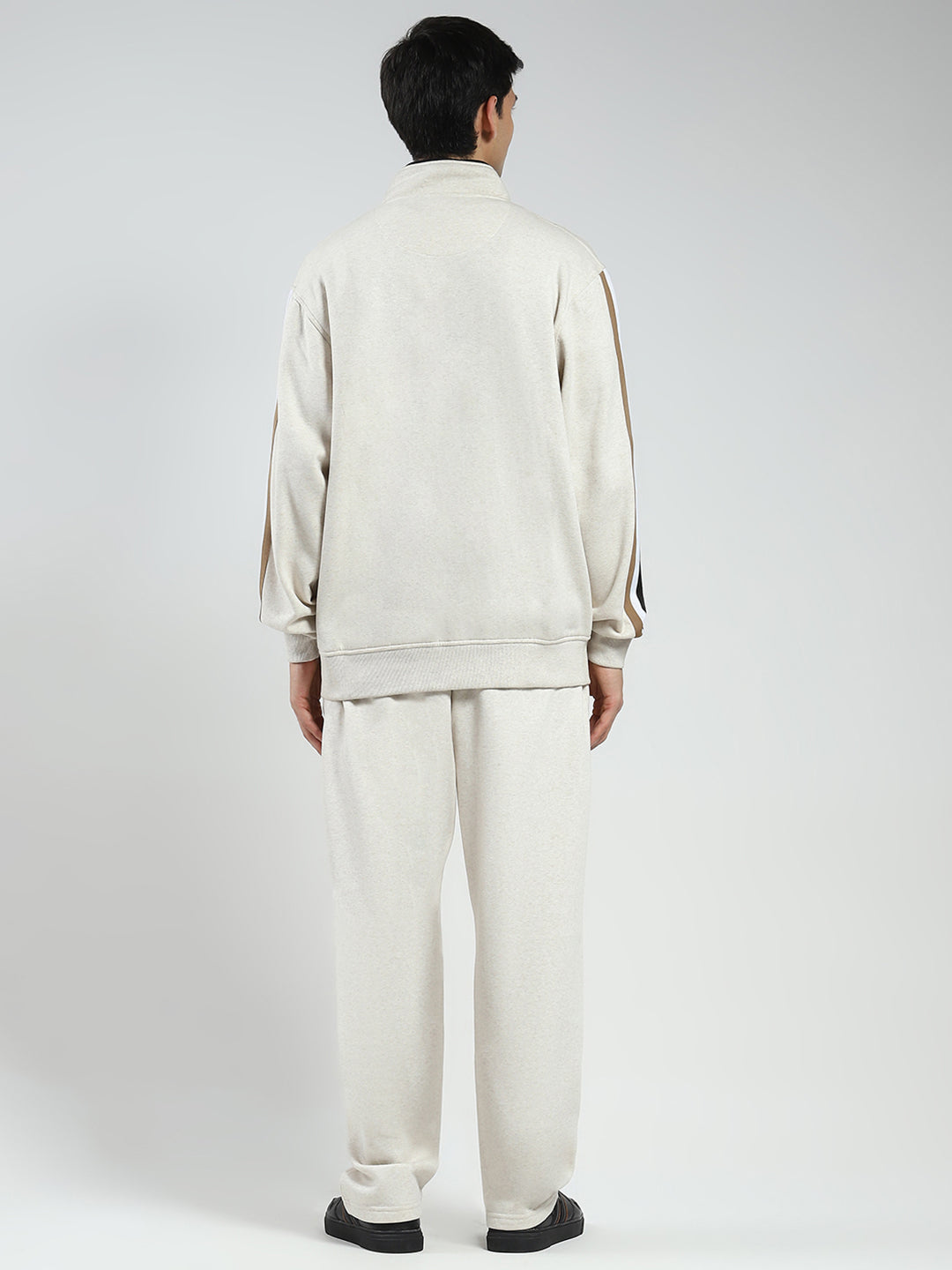 Men Beige Solid Mock Neck Full Sleeve Winter Tracksuit