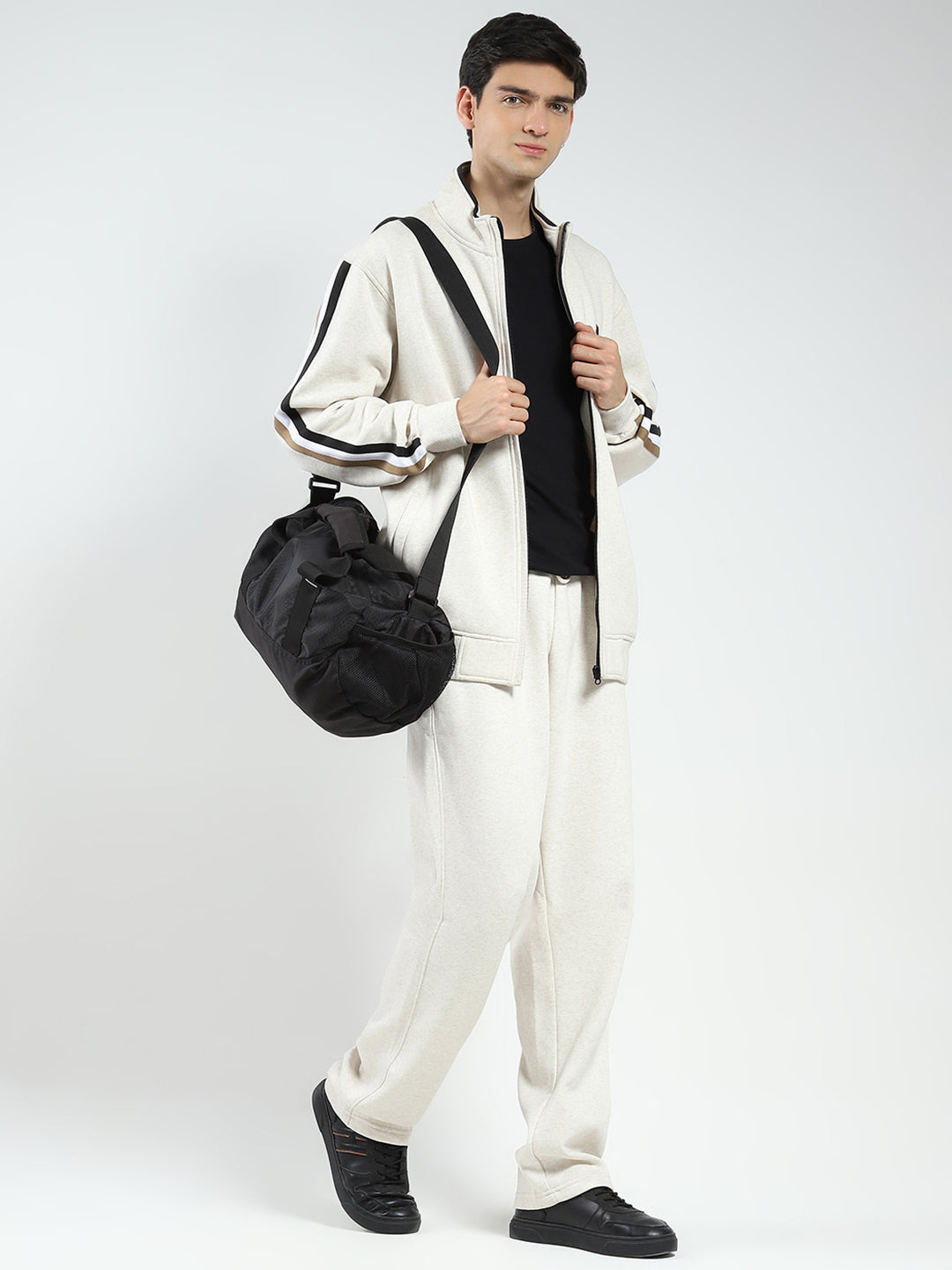 Men Beige Solid Mock Neck Full Sleeve Winter Tracksuit