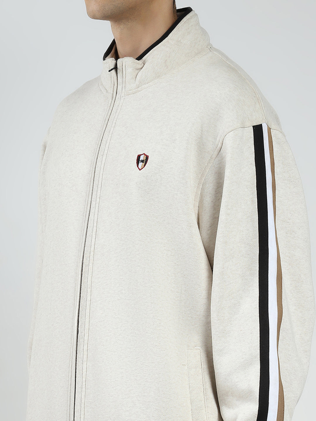 Men Beige Solid Mock Neck Full Sleeve Winter Tracksuit