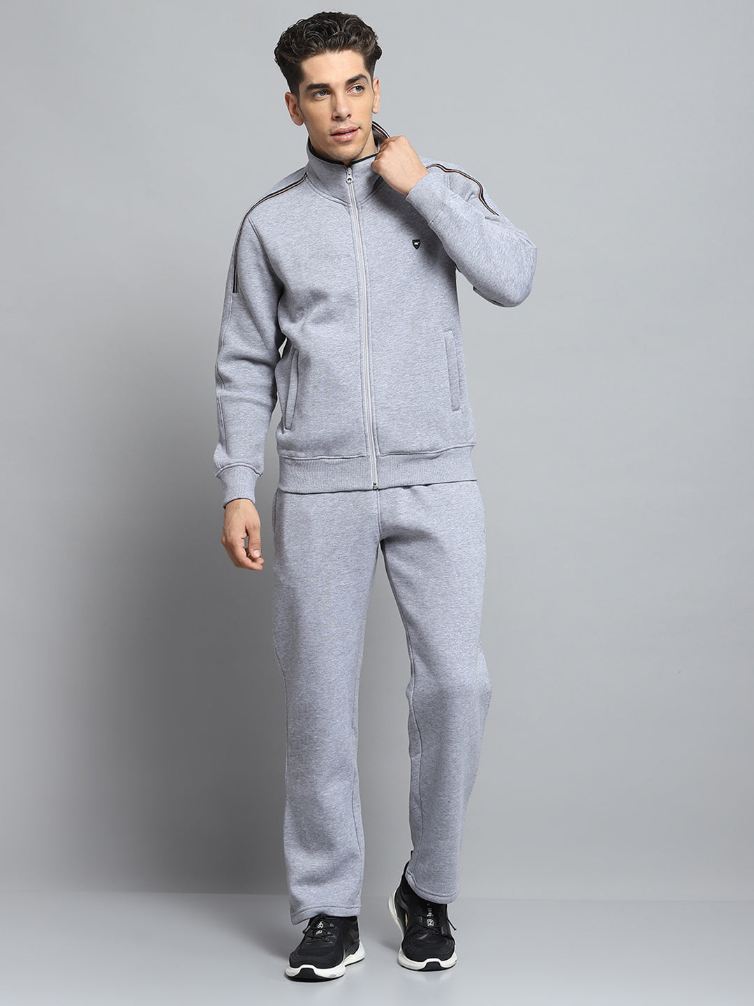 Men Grey Solid Mock Neck Full Sleeve Winter Tracksuit