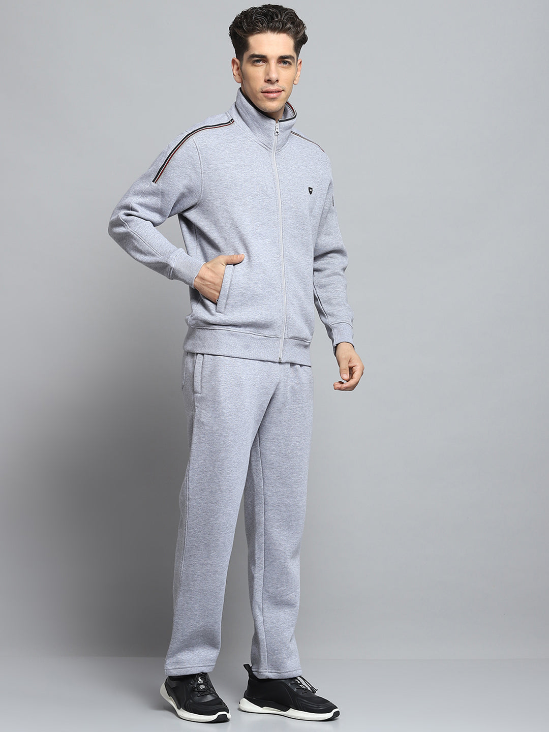 Men Grey Solid Mock Neck Full Sleeve Winter Tracksuit