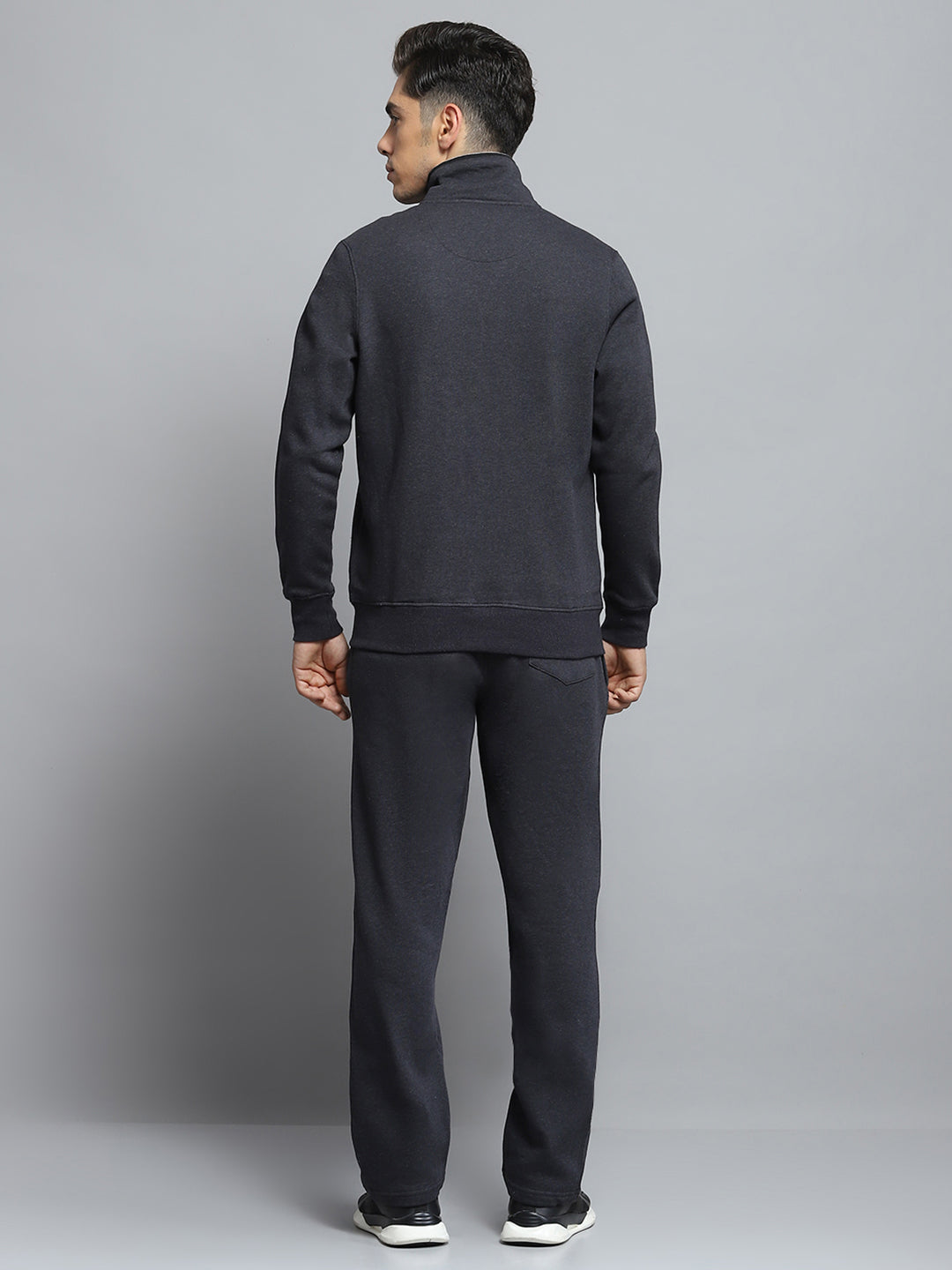 Men Charcoal Solid Mock Neck Full Sleeve Winter Tracksuit