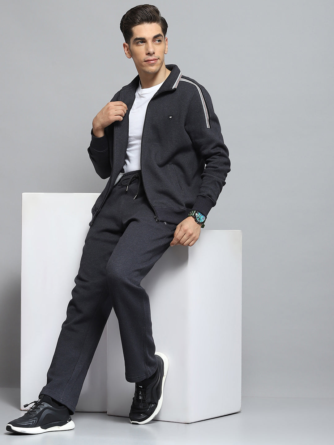 Men Charcoal Solid Mock Neck Full Sleeve Winter Tracksuit