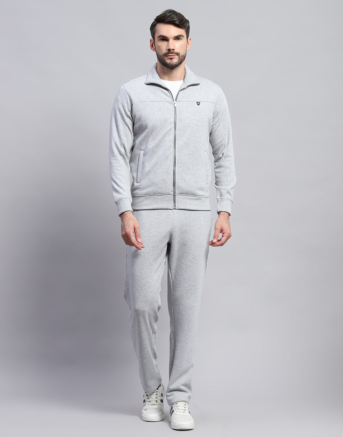 Men Grey Solid Band Collar Full Sleeve Winter Tracksuit