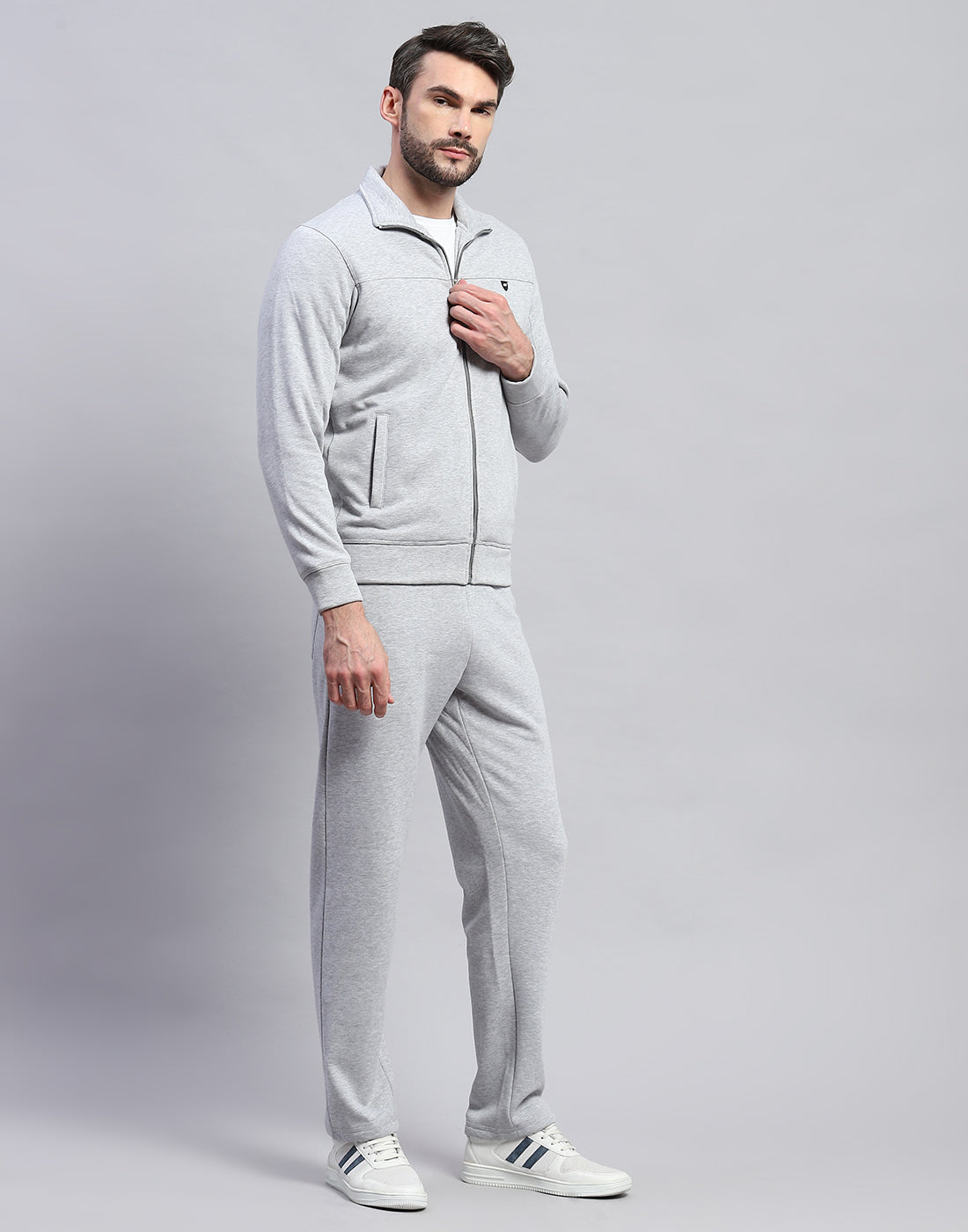 Men Grey Solid Band Collar Full Sleeve Winter Tracksuit
