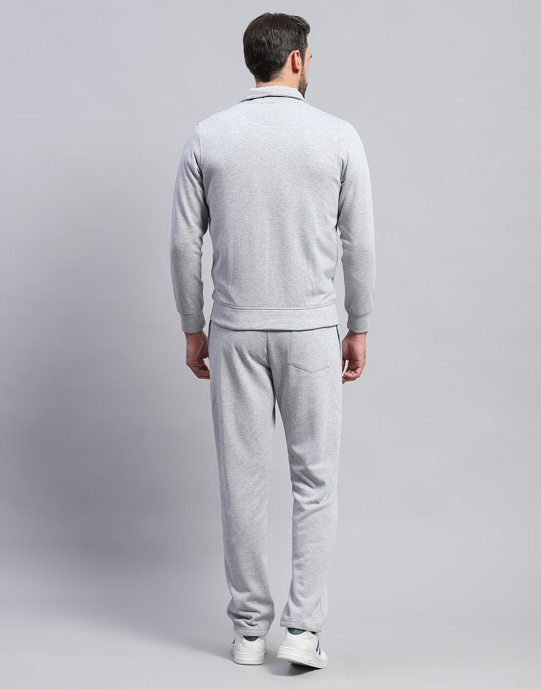 Men Grey Solid Band Collar Full Sleeve Winter Tracksuit