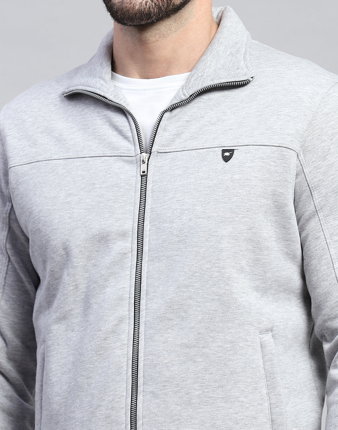 Men Grey Solid Band Collar Full Sleeve Winter Tracksuit