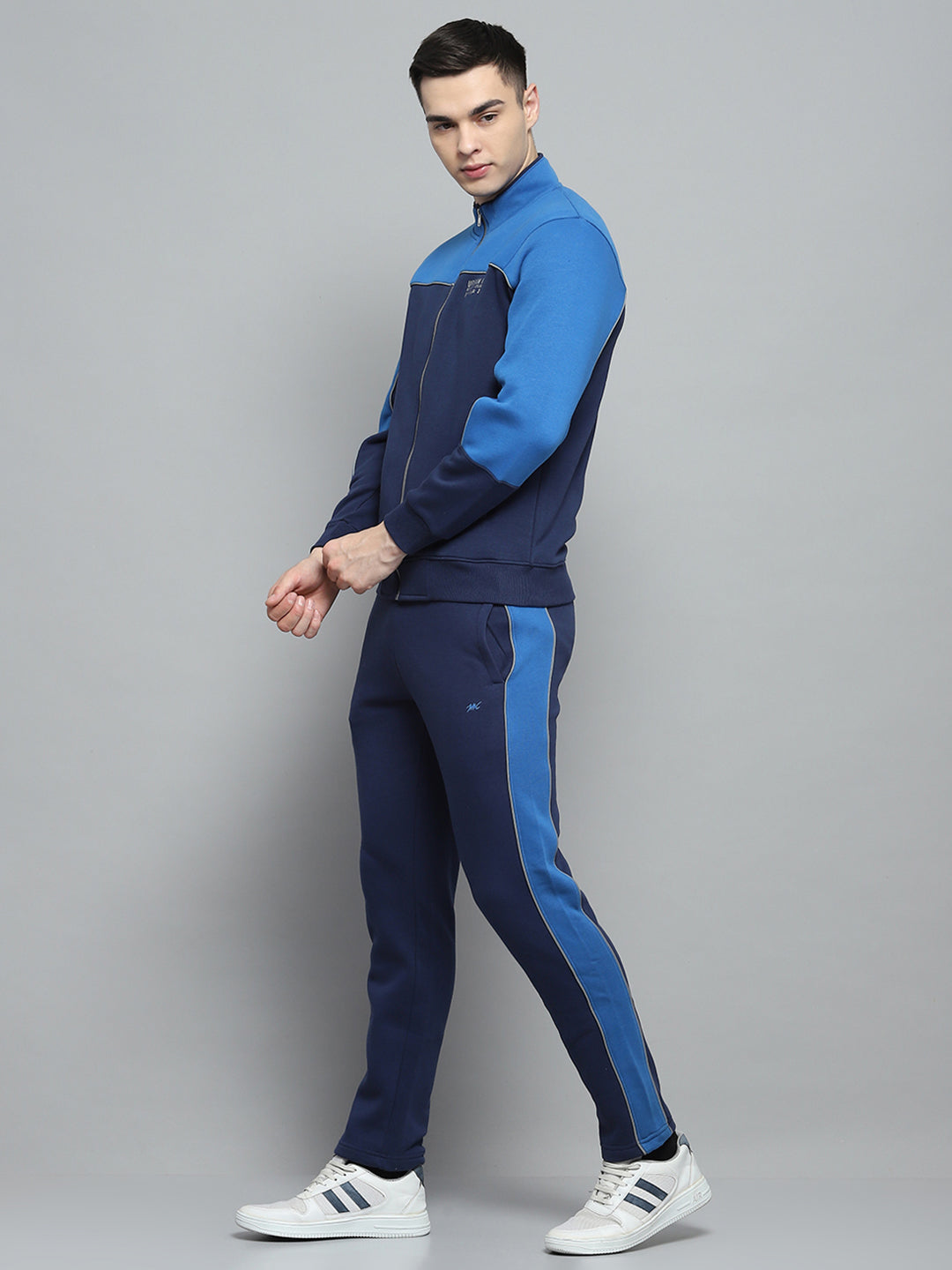 Men Navy Blue Solid Mock Neck Full Sleeve Winter Tracksuit