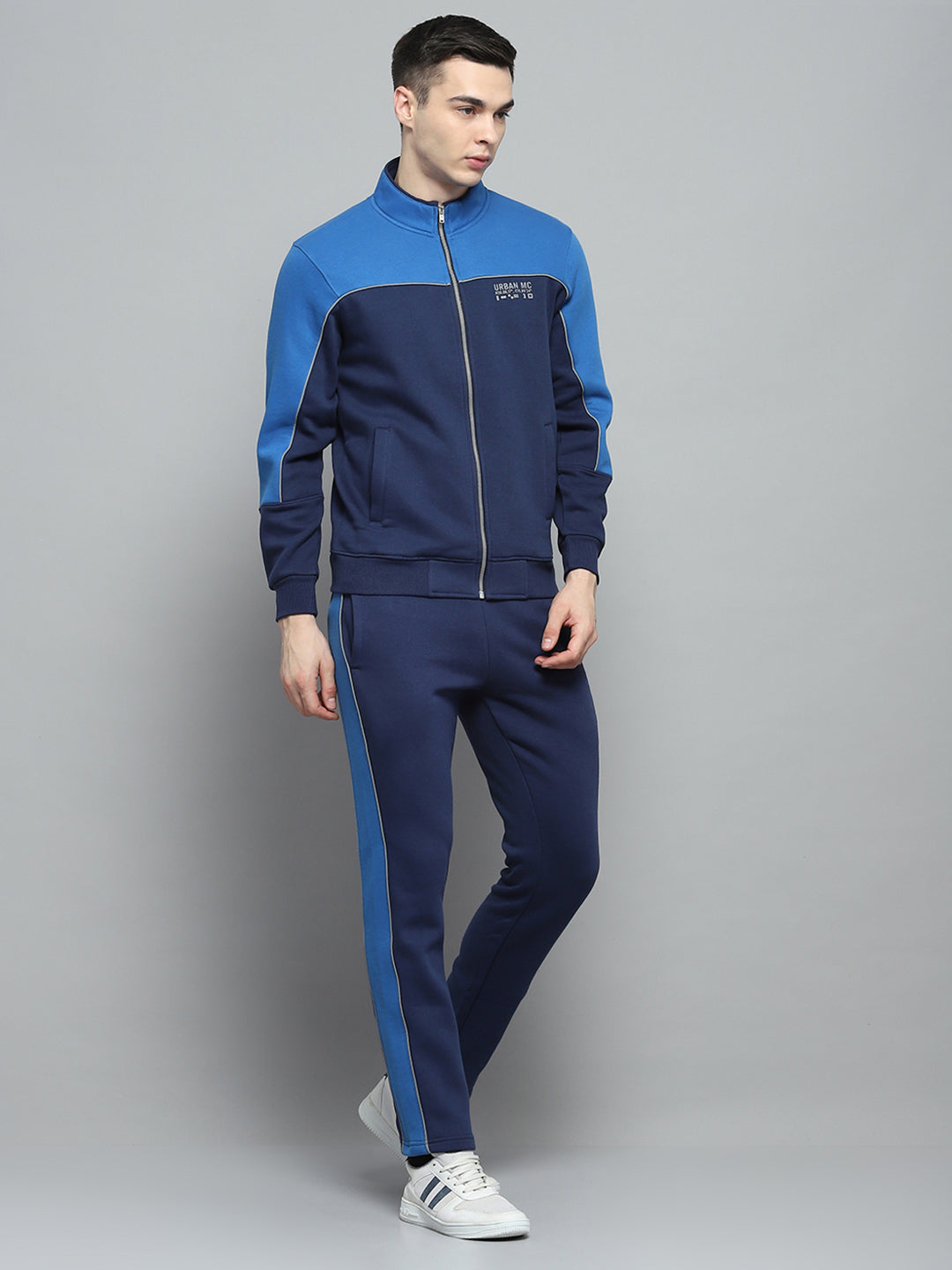 Men Navy Blue Solid Mock Neck Full Sleeve Winter Tracksuit