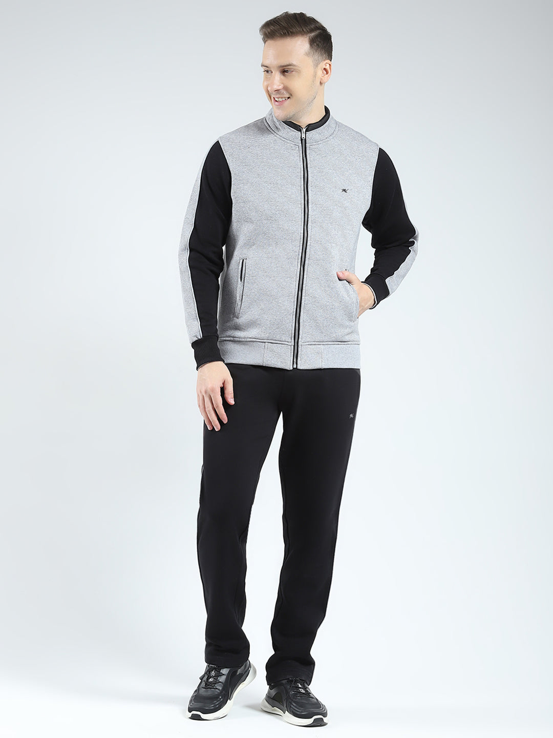 Men Black & Grey Solid Mock Neck Full Sleeve Winter Tracksuit