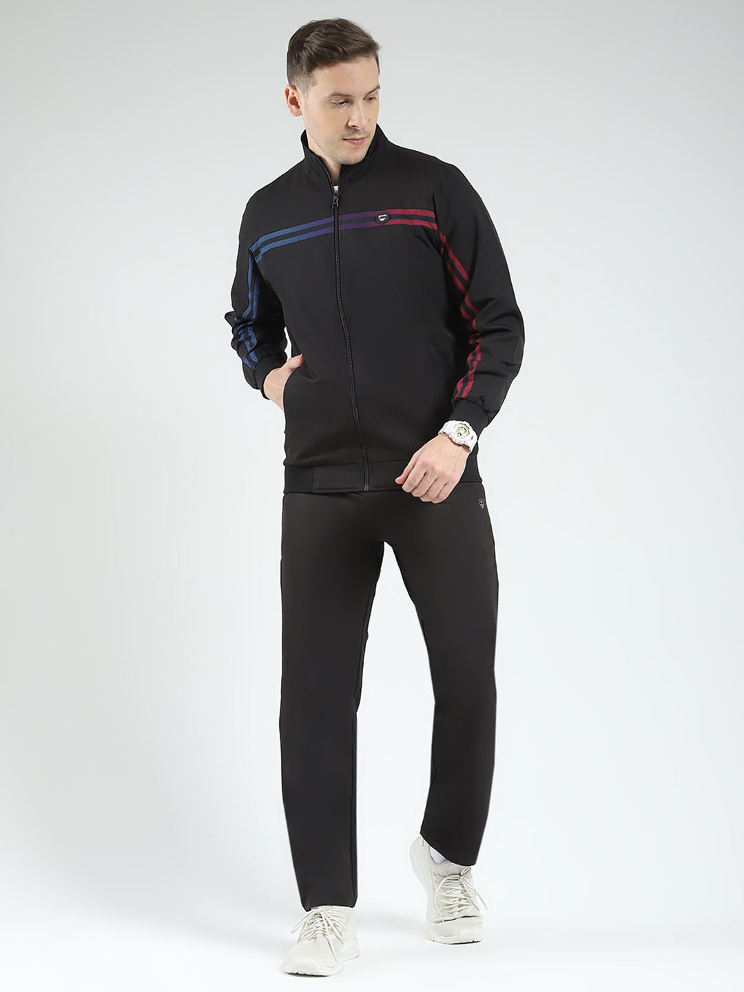 Men Black Solid Mock Neck Full Sleeve Winter Tracksuit