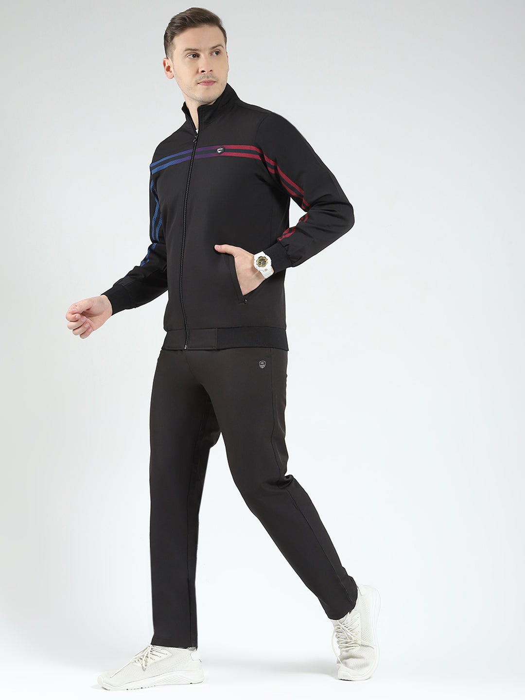 Men Black Solid Mock Neck Full Sleeve Winter Tracksuit