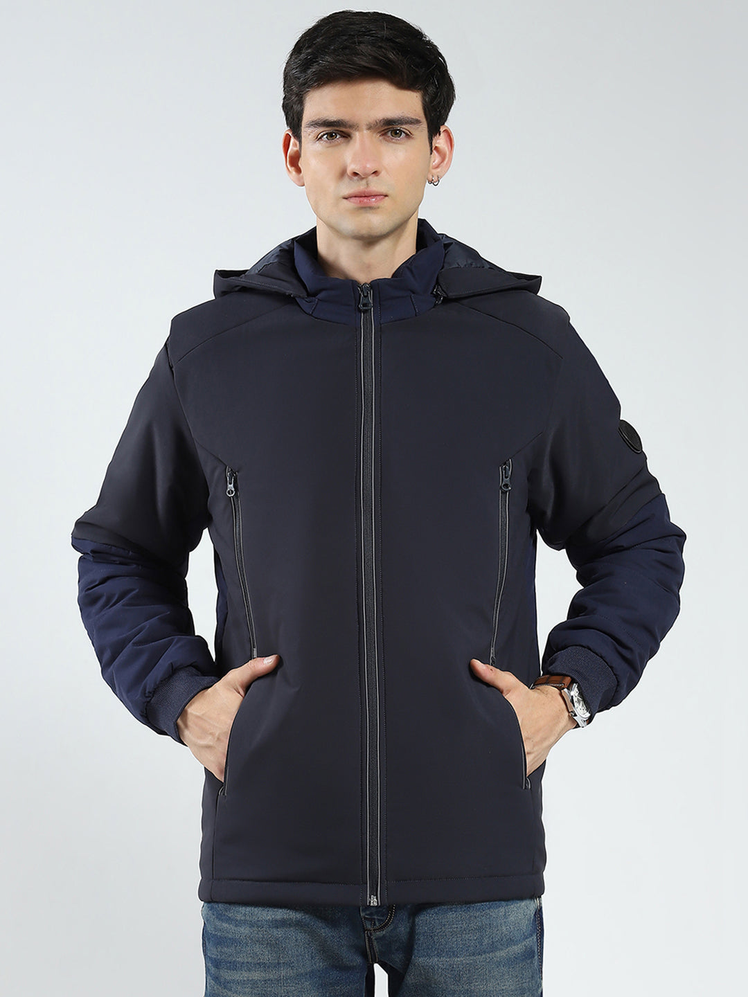 Men Navy Blue Solid Detachable Hood Full Sleeve Jacket