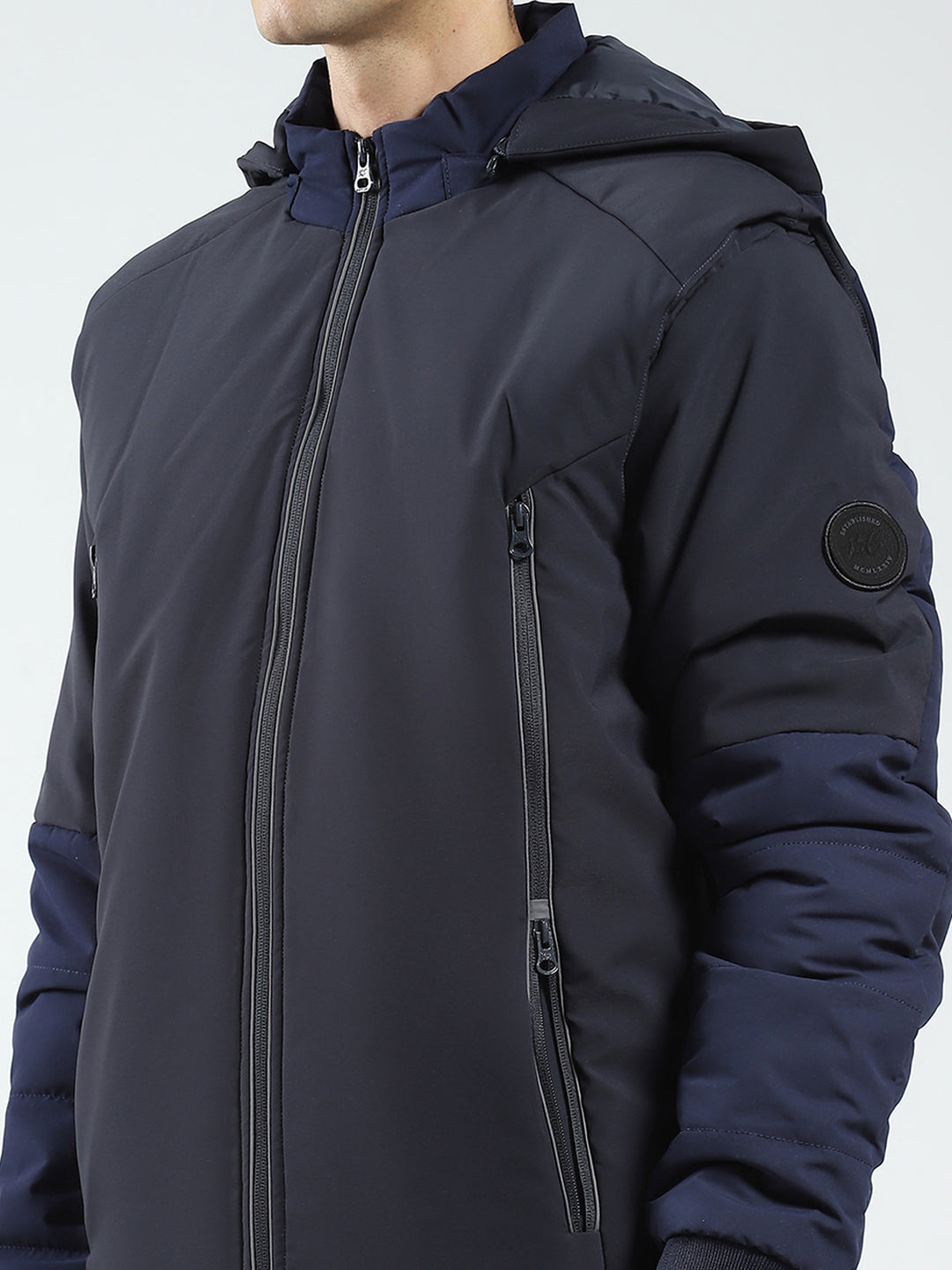 Men Navy Blue Solid Detachable Hood Full Sleeve Jacket