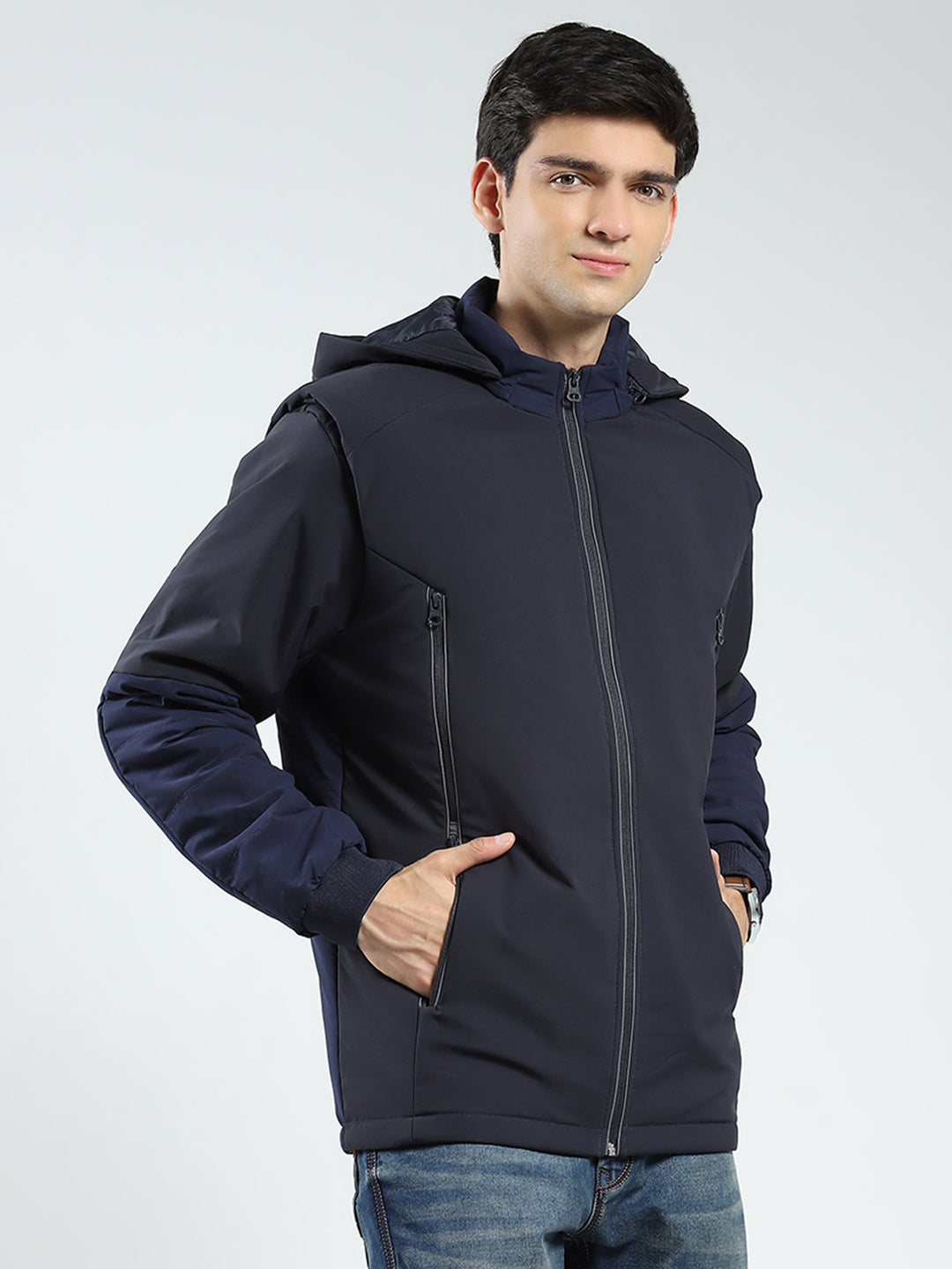 Men Navy Blue Solid Detachable Hood Full Sleeve Jacket