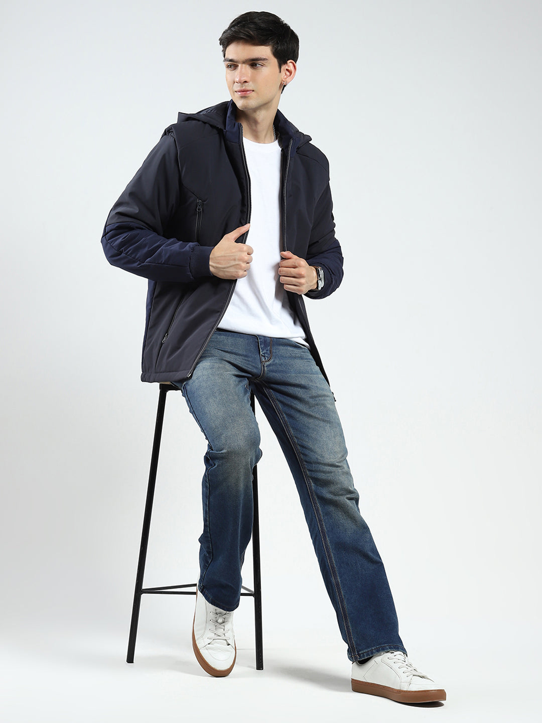 Men Navy Blue Solid Detachable Hood Full Sleeve Jacket