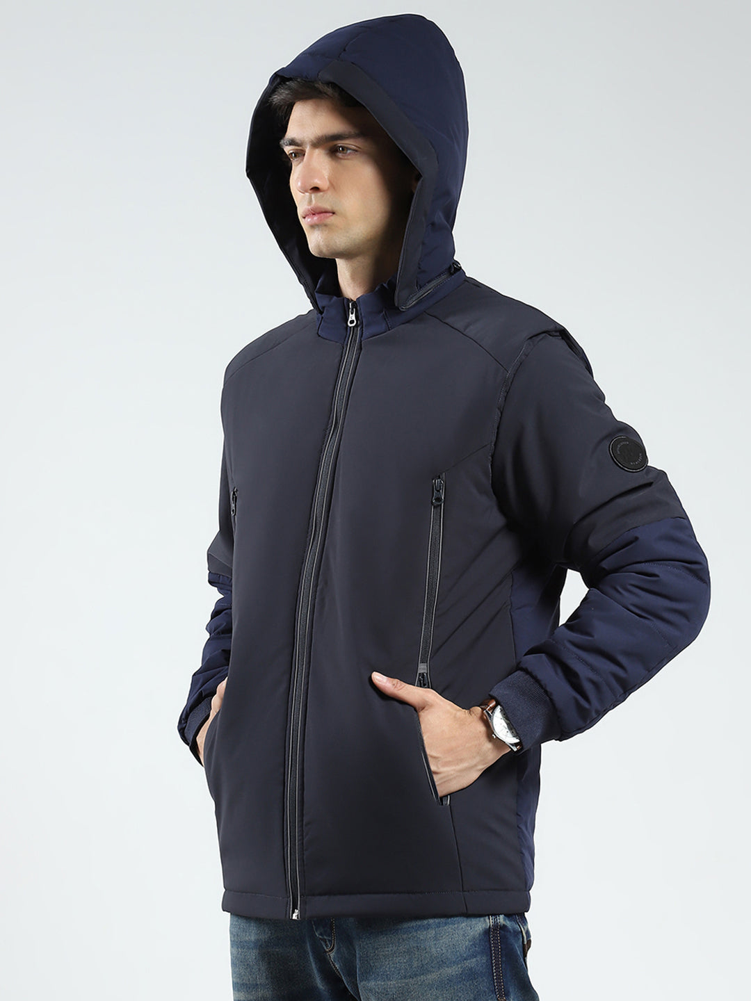 Men Navy Blue Solid Detachable Hood Full Sleeve Jacket