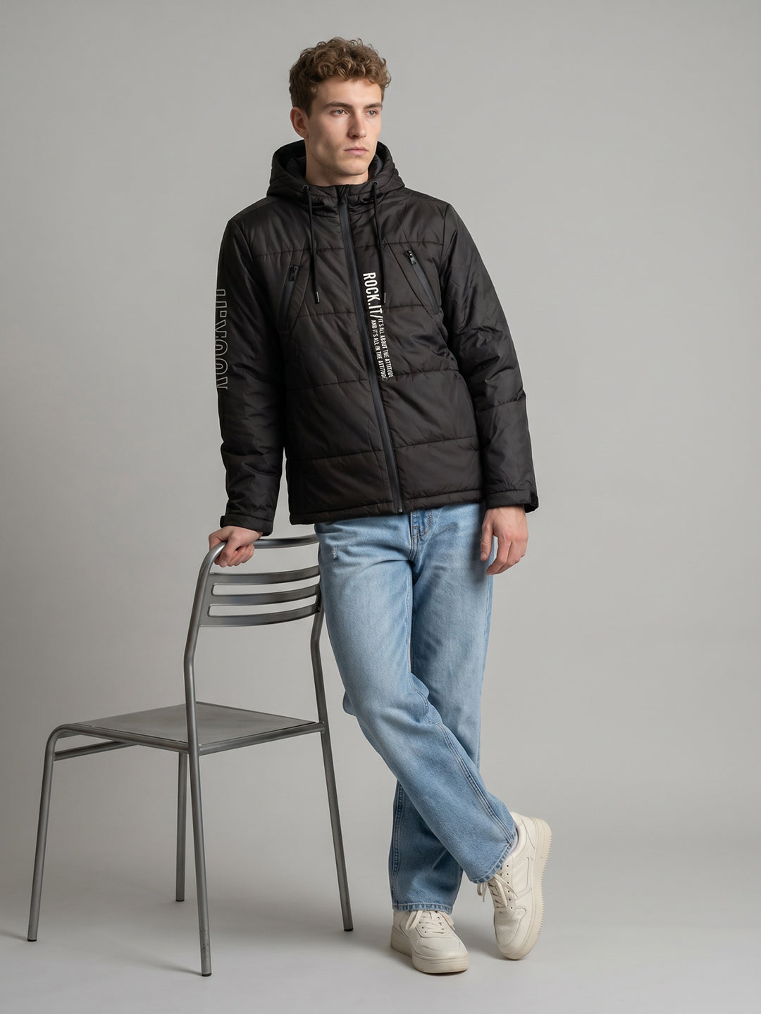 Rock.it Men Black Solid Hooded Full Sleeve Puffer Jacket