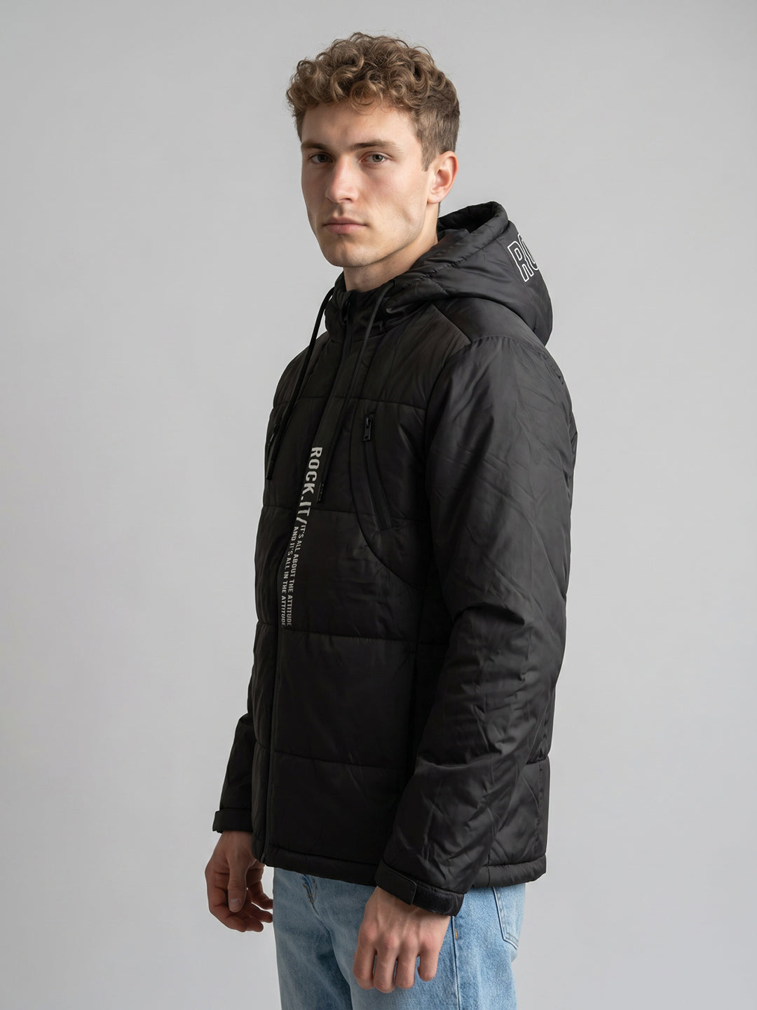 Rock.it Men Black Solid Hooded Full Sleeve Puffer Jacket