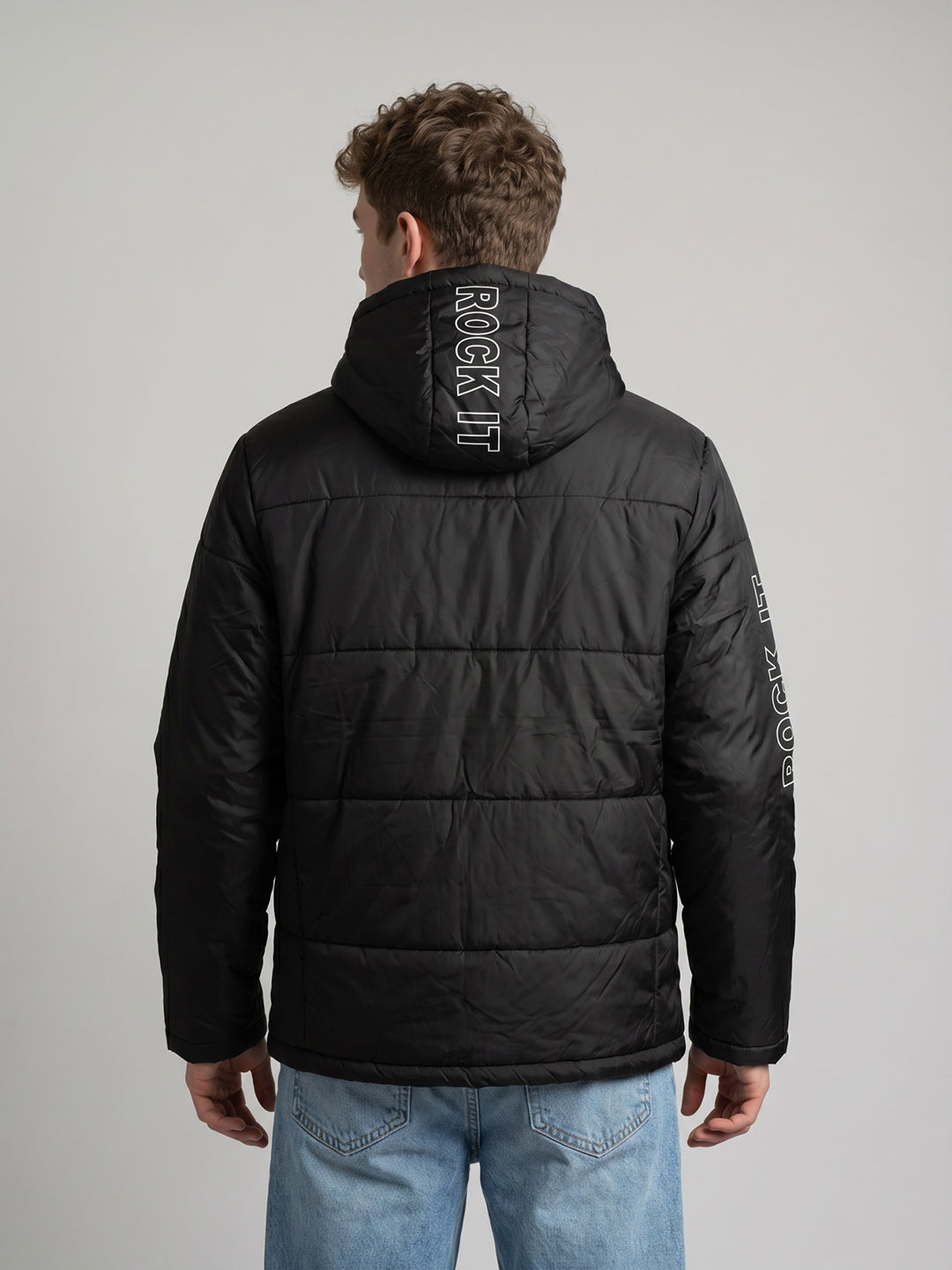 Rock.it Men Black Solid Hooded Full Sleeve Puffer Jacket