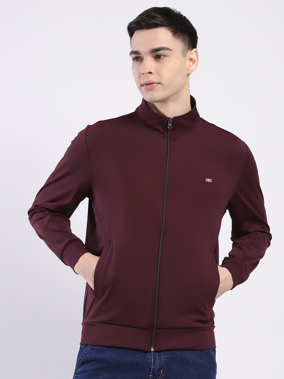 Men Maroon Solid Mock Neck Full Sleeve Winter T-Shirt