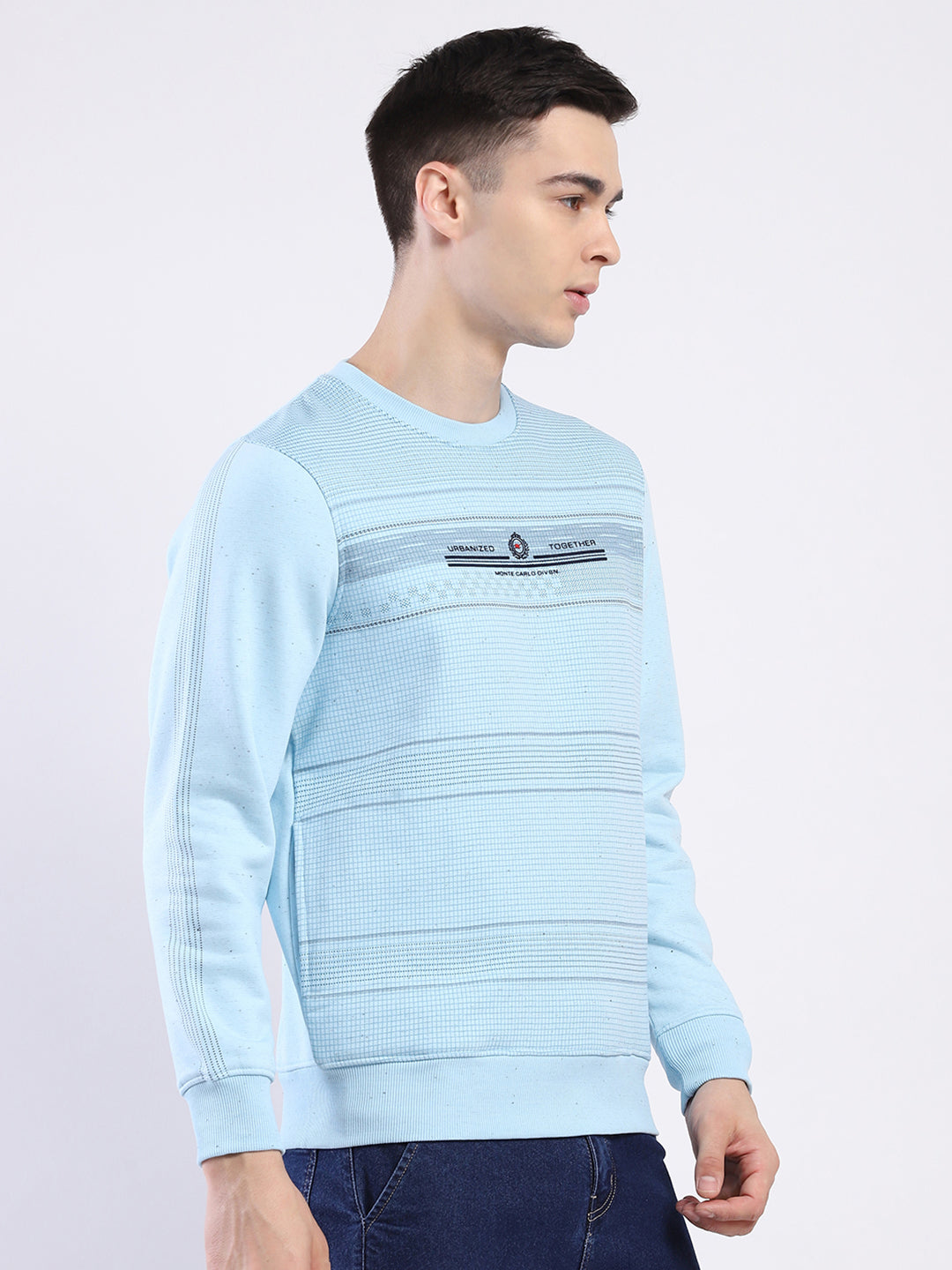 Men Sky Blue Printed Round Neck Full Sleeve Sweatshirt
