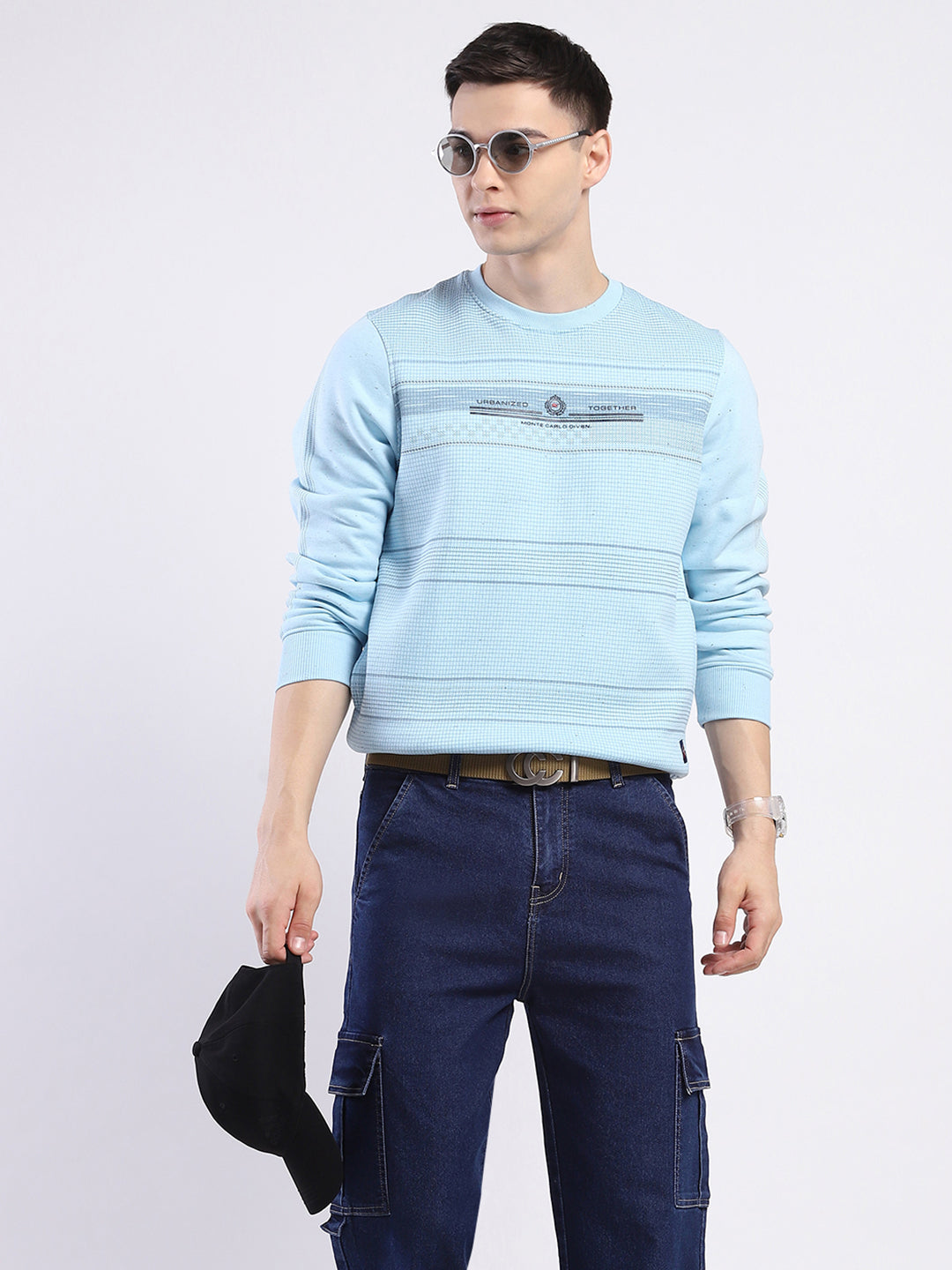 Men Sky Blue Printed Round Neck Full Sleeve Sweatshirt