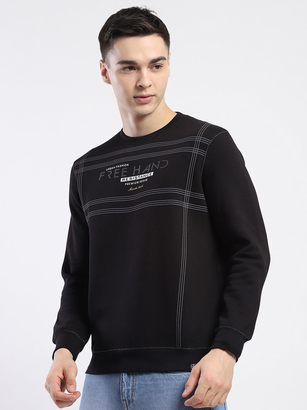 Men Black Printed Round Neck Full Sleeve Sweatshirt