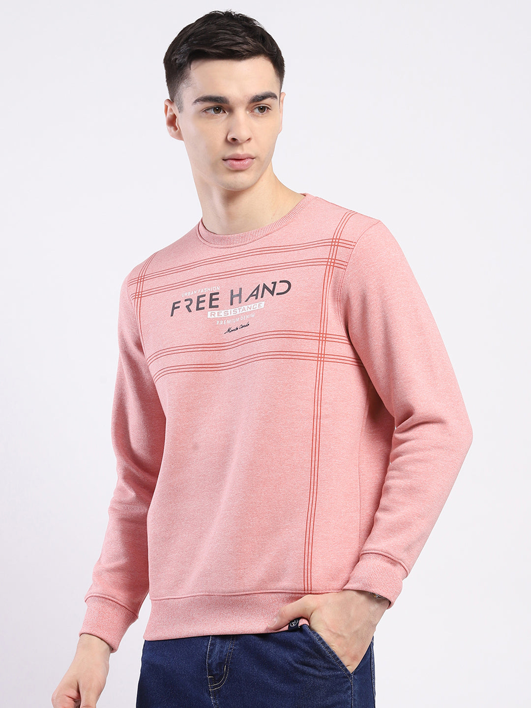 Men Pink Printed Round Neck Full Sleeve Sweatshirt
