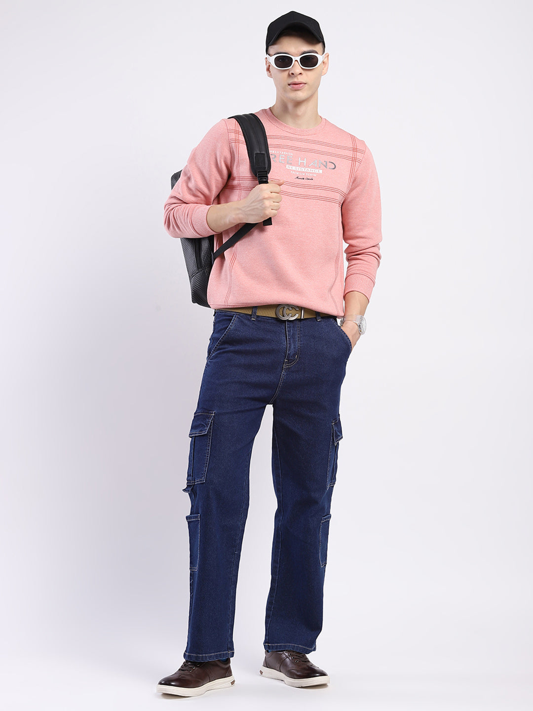 Men Pink Printed Round Neck Full Sleeve Sweatshirt