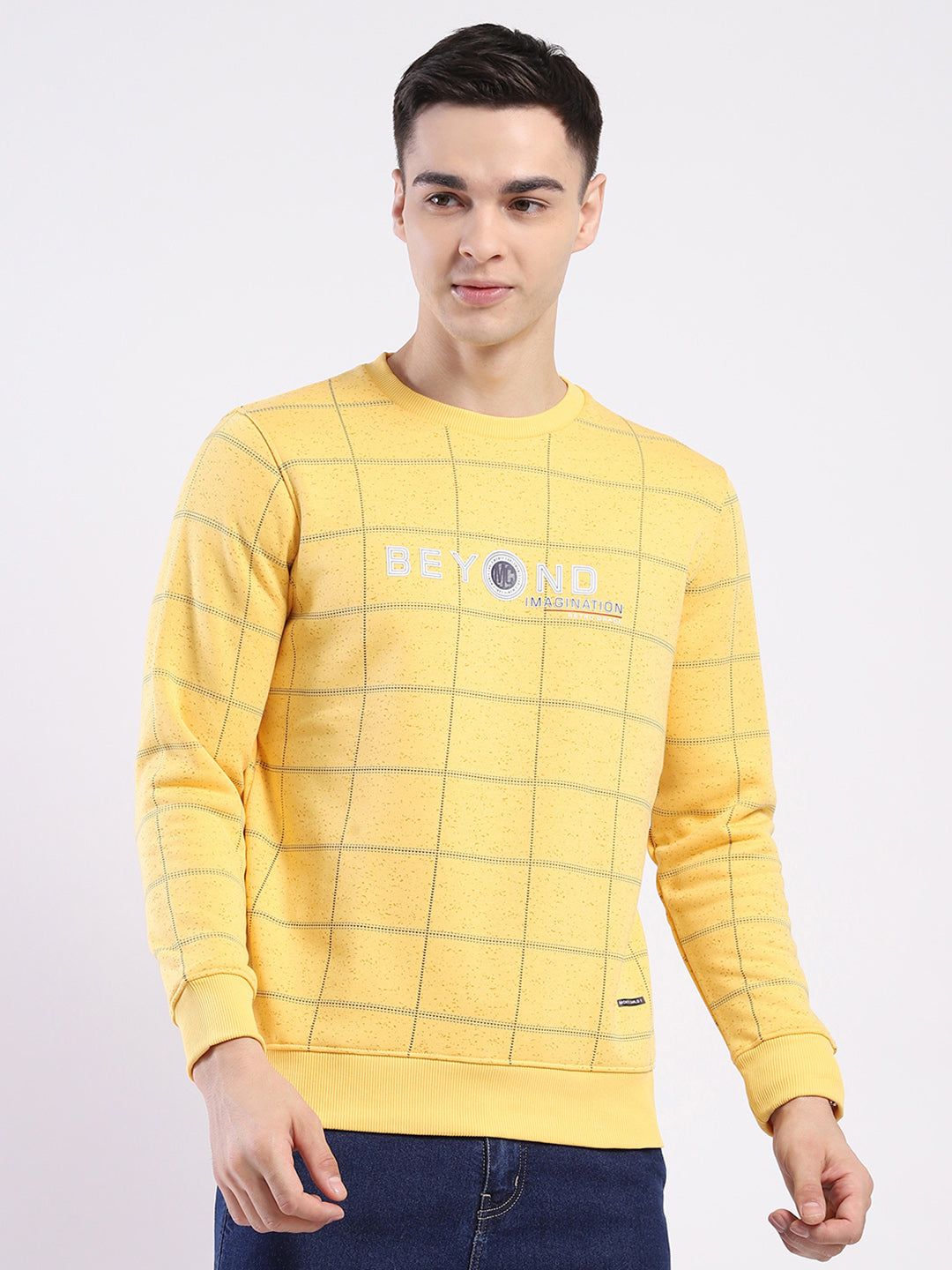 Men Yellow Printed Round Neck Full Sleeve Sweatshirt